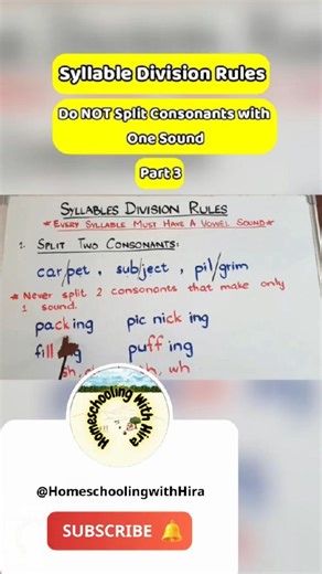 Not every pair of consonants should be split! 🚫 In this lesson, you’ll learn the second syllable division rule: never split consonants that make one sound, such as: pack/ing → not pa/cking pic/nic/king → split as pic nic king fill/ing → not fi/lling This also applies to digraphs like sh, ch, th, ph, wh. These pairs look like two letters but make a single sound, so they stay together. This rule is crucial for mastering phonic sounds, spelling, and English pronunciation. ✨Visit our website for Fr