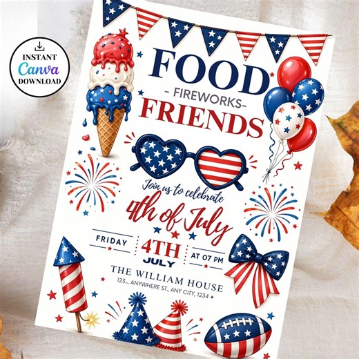 4th of July Party Invitation Template,july Fourth Food Friend and Firework,party in USA Invite,america 250 Year Anniversary,editable Canva - Etsy