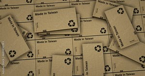 Made in Taiwan box production line. Manufacturing and delivery. Product factory, import and export. Abstract background concept 3d rendering animation.