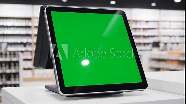 Point of sale terminal with a green screen display on a checkout counter in a modern retail store. Digital commerce technology.