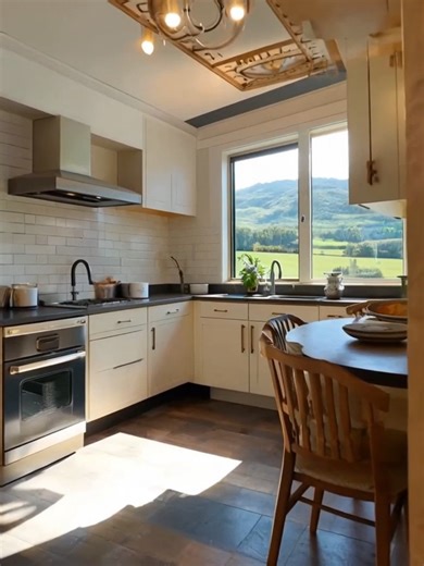This idyllic kitchen perfectly blends nature and comfort, making every cooking moment warm and peaceful. The cabinets feature warm, light wood tones, paired with white marble countertops, showcasing a natural and minimalist aesthetic. The wooden island and open design create a spacious feel, and sunlight streams in through large windows, creating a bright and inviting kitchen atmosphere. From the bronze handles to the open shelving, every detail is infused with the natural charm of country livin