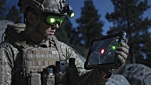 Soldier uses a tactical tablet for mission planning. Military operative navigating using advanced digital map technology for armed forces.