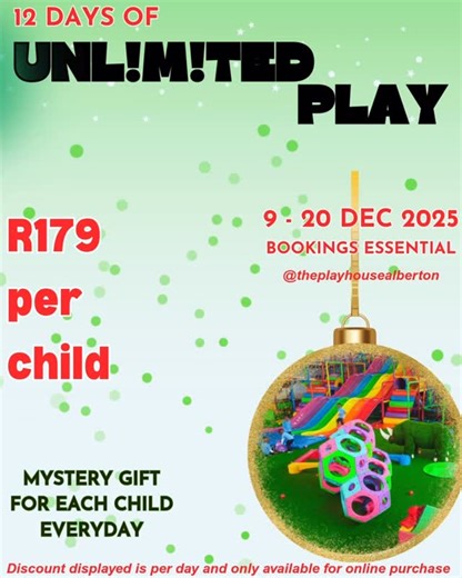 1.4K views · 4 comments | It’s time for our annual 12 days of unlimited fun. Book your spot now and receive a mystery Christmas gift. Each day a new surprise. And a dedicated Christmas Activity Corner. | The Playhouse Alberton - Indoor Playground | Facebook