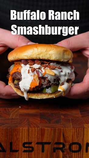 The Buffalo Ranch Smashburger!! This is actually the video I was preparing for in my behind the scenes video yesterday, and it was incredible!! Ingredients • 1/2 lb bacon diced • 75/25 ground beef • 1 tbsp @lawrysseasoning seasoned salt • 1 tbsp @hidden.valley powdered ranch • Sliced Vermont cheddar cheese • Brioche buns, toasted with @hellmannsmayonnaise • @kindersflavors Buttery Buffalo Sauce • dill pickles • @kindersflavors crispy fried onions • ranch dressing, I used Parmesan ranch 1. Start 