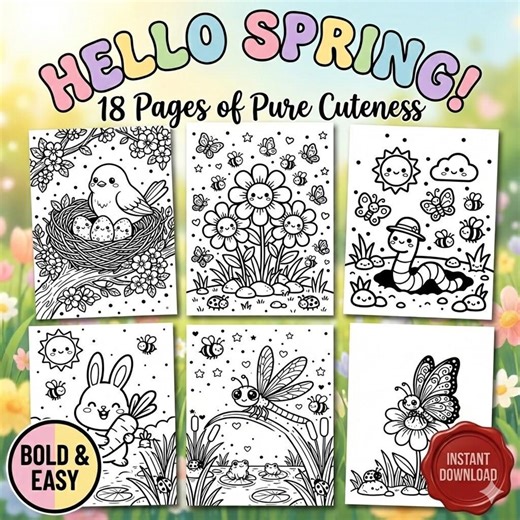 Kawaii Spring Coloring Book, 18 Printable Pages, Bold and Easy Lines, Simple Spring Animals and Flowers for Kids and Adults - Etsy