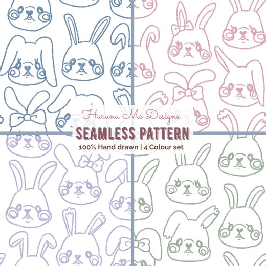 Bunny Faces Seamless Pattern, 4 Pastel Outlines Colours, Hand Drawn Rabbit Digital Paper, Easter & Kids Design for Fabric - Etsy