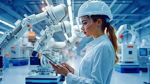 Engineer Using Tablet to Control Robotic Arm in High-Tech Manufacturing Facility