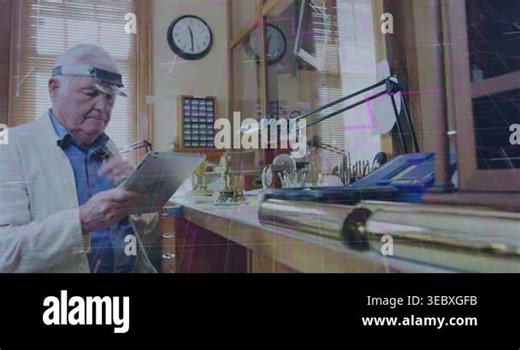 Senior watchmaker placing sheet, repairing gears with loupe while AR overlay guiding clock repair. Horology, precision, benchwork, workshop, assembly, magnifier, lamp Stock Video Footage - Alamy