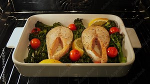 Baked salmon steak with broccoli and tomato in the oven, cooking process. Time lapse