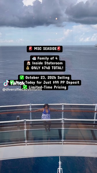 @MSC Cruises Official MSC SEASIDE 🛳️ Family of 4 🏠 Inside Stateroom 💰 ONLY $740 TOTAL! ✅ October 23, 2026 Sailing ✅ Book Today for Just $99 Per Person Deposit ✅ Affordable Family Getaway ✅ Limited-Time Pricing 📩 Text or email #MSC to 281-297-8189