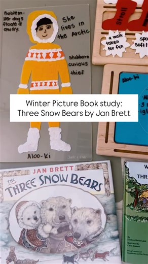 Amelia | Brave Little Learners on Instagram: "This is our 3rd out of 5 books we will be reading by Jan Brett for this month’s winter picture book study… Three Snow Bears! It is a Goldilocks retelling set in the arctic so it was fun to see the similarities and differences between the classic story. First we read the book, Three Snow Bears then we talked about the main character Aloo-ki. I asked them a few questions about her while I wrote their answers down on our @jackandlinktoys body board arou