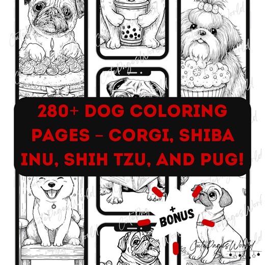 280  Cute Dog Coloring Pages PDF – Pug, Corgi, Shiba Inu, Shih Tzu   Bonus All Dogs Together, Printable A4 Instant Download - Etsy Sweden