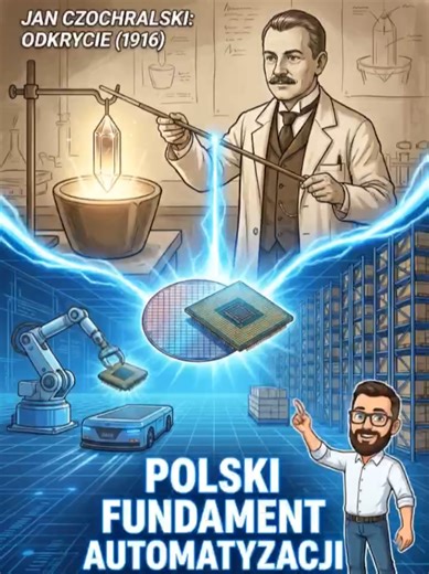 Jan Czochralski (1885–1953) ojciec całej elektroniki Bez niego nie byłoby krzemu. To on odkrył metodę hodowli monokryształów (Metoda Czochralskiego), która jest podstawą produkcji procesorów, układów scalonych i elektroniki. Spójrzcie na dowolny sterownik PLC, na serwer WMS, na czujnik w robocie AMR. W środku jest krzem. Bez Czochralskiego nie byłoby