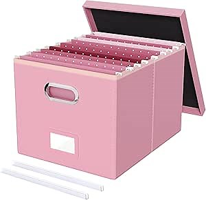 Oterri File Organizer Box,Filing Box with Lid,File Box for Letter/Legal File Folder Storage, Portable Hanging File Box for Office/Decor/Home,1 Pack, Pink(Leather),Box only
