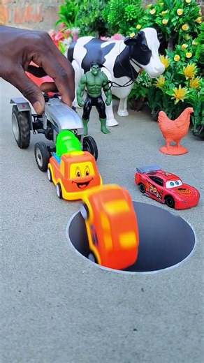 tractor pushing red green taxi and mixer machine car in pit #jcb #toys #tractor #car