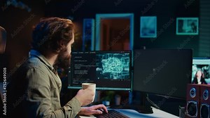 Programmer being asked existential questions by awaken AI gaining consciousness, emulating humans and passing turing test. Man communicating with artificial intelligence, camera B