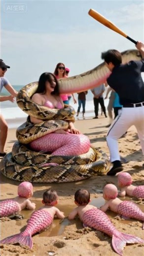 Mermaid Mom is trapped by a giant python.Everyone come and rescue her #seasnake #mermaid