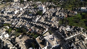 Trulli houses: An aerial panorama showcases a cluster of iconic trulli houses, with their conical roofs dotting the landscape, offering a unique glimpse into the architectural heritage.