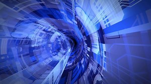 Looped background with digital technology tunnel made of hologram patterns in news broadcast style. Futuristic animation of computer data stream for cyber science and internet research. Loop 4K 60fps