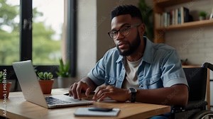 Focused young man in wheelchair using laptop computer for online work or communication at home. Hardworking disabled black guy having webinar or remote business meeting