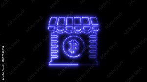 Bitcoin Shop Outline Icon in HD Video Neon Animation – Cryptocurrency and E-Commerce Symbol for Digital Purchases, Online Payments, and Blockchain Retail on Black Background