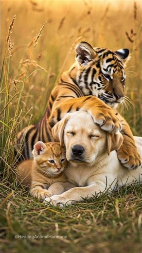 Kitten, Puppy and Tiger Cub Cuddle Together 🐾
