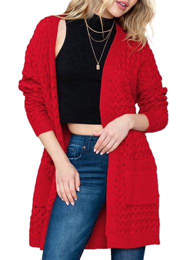 SHEWIN Womens Sweaters Open Front Cardigans Oversized Long Sleeve Chunky Cable Knit Fall Winter Outwear Coat with Pockets Red