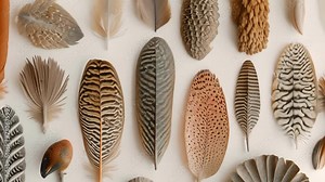 A collection of fossilized feathers from a variety of dinosaur species highlighting the diversity of these creatures and their potential feather structures.