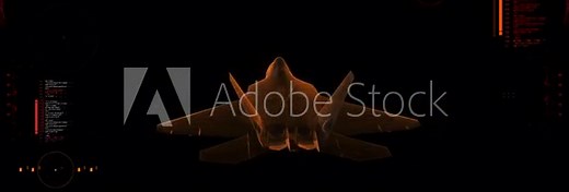 Digital Blueprint Scan of US Army Aircraft F 22 Raptor. Twin-Engine, All-Weather, Supersonic Stealth Fighter Aircraft. 5th Generation Plane. Futuristic User Interface HUD. Military Recon 360 View.