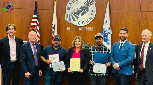This morning, a very emotional moment for two Madera County farmworkers who put their lives at risk to save a group of students from a burning school bus last month. Our farmworkers are our lifeline to the breadbasket of the world, and their heroic and quick actions saved these kids' lives. Our Board of Supervisors presented a proclamation in their honor for their selfless courage and bravery, demonstrating the highest ideals of public service, compassion, and community spirit. | Madera County