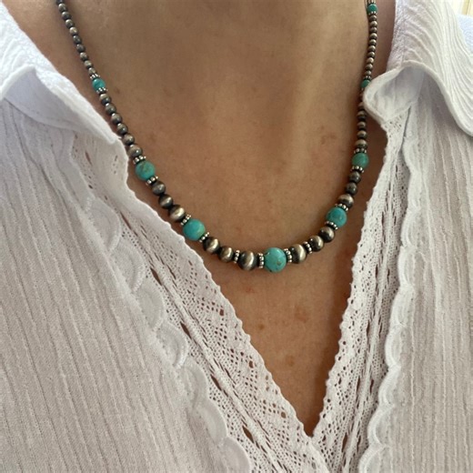 Kingman Turquoise and Navajo Pearl Necklace | Graduated Southwestern Native American Silver and Gemstone Beaded Jewelry - Etsy