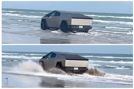 Tesla Cybertruck hits the beach and runs through ocean water