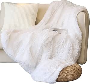 Tuddrom Decorative Extra Soft Faux Fur Throw Blanket 50" x 60",Solid Reversible Fuzzy Long Hair Shaggy Blanket,Fluffy Cozy Plush Fleece Comfy Microfiber Fur Blanket for Couch Sofa Bed,Pure White