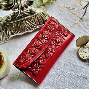 Red Rose Embossed Leather Wallet • Handmade Vintage Women’s Wallet • Personalized Floral Gift - Etsy