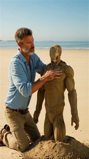 Master Builds Giant Iron Man Sand Sculpture from Scratch | Incredible Beach Art in 30 Seconds
