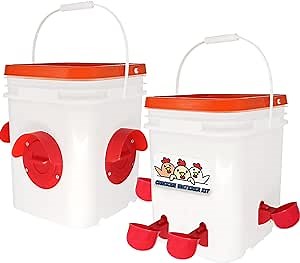 44LB/5gallon Larger Port Chicken Feeder and Waterer Set No Waste, Large Capacity and Automatic Poultry Bucket Feeder and Waterer Kit for coop or Run