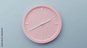 Time concept. A pink clock with white arrows hanging on a gray-blue wall. The movement of the arrow. 3d render. Time lapse