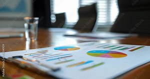 Planning capital distribution with pie charts and bar graphs on a strategic meeting table. Capital allocation