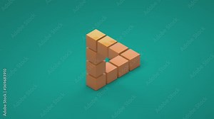 3D animation of an impossible triangle that is assembled from cubes. The figure unfolds and reveals the mystery of the impossible triangle.