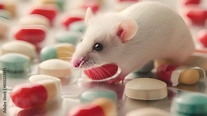 Research on laboratory animals, Animal testing concept. A live white laboratory mouse is perched on pills, animal experimentation in medicine, vaccination testing, medication and vitamin testing