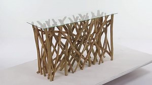 Litton Lane 51 in. Brown Extra Large Rectangle Teak Wood Handmade Tree Branch Console Table with Clear Glass Top 37782