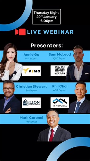 January Webinar: The 2026 Property Advantage . Tune in on Thursday 29/01/2026 at 6pm for our first monthly webinar! . Hear from experts from around Australia on a sneak peak at the 2026 with first hand information. . Check the comments for the link to register on eventbrite! . . . #realestate #property #propertyinvestment #investment #webinar | Mark Coronel