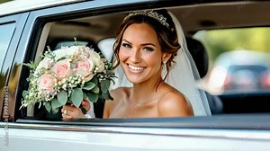 Happy bride in a wedding car. Happy bride in window a wedding limo
