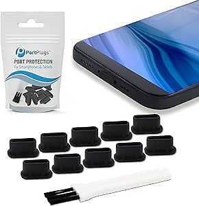 PortPlugs USB C Dust Plugs Keep Charging Ports Clean for iPhone 15 16 17, Kindle, Samsung, Pixel, MacBook and Android Devices | 10 Pack Port Cover Set with Cleaning Brush (Black)