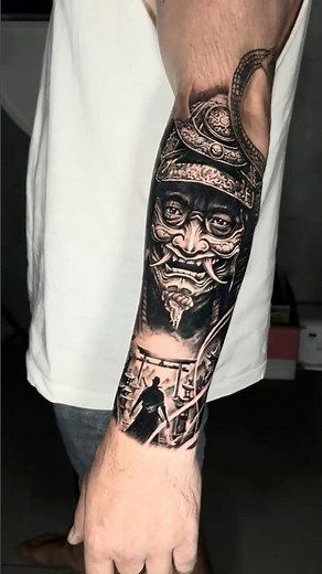 ⚔️ Japanese Samurai Forearm Tattoo | Black & Grey Warrior Panel