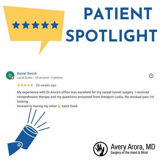 We love hearing success stories like this! Thank you for trusting Dr. Arora and our incredible therapist, Lodia, with your care. We're so glad to know you’re feeling great and pain-free, Daniel. | Avery Arora, MD - Surgery of the Hand, Wrist, Elbow