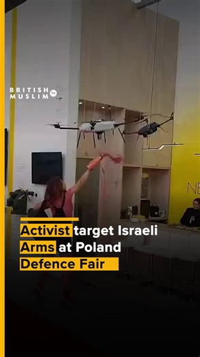 Activists disrupted Israeli arms firm Elbit Systems’ booth at Poland’s 2025 Defence Exhibition, pouring fake blood and releasing a foul odor to protest Israel’s use of its weapons against civilians in Gaza and the West Bank. #viral #Poland #expo #Israeli #Elbit #targeted #protestors #activist | BritishMuslimTV