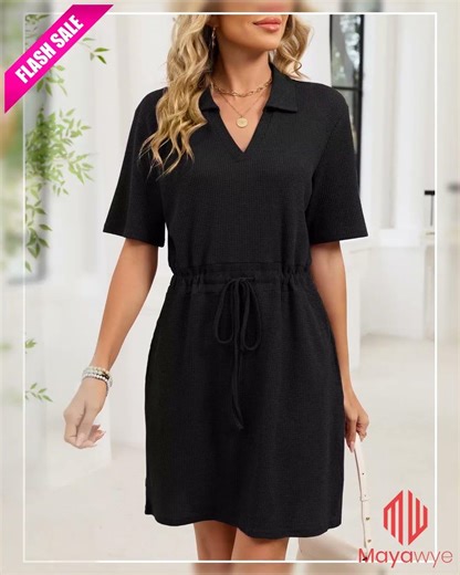 Casual Knit Polo Collar Drawstring Waist Dress