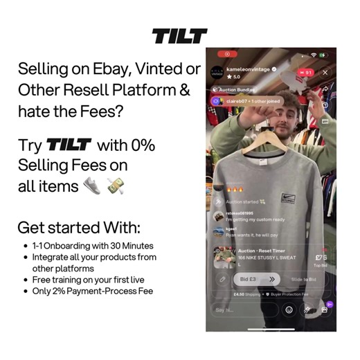 Sick of watching 10–15% vanish in fees every time you sell? 😤💸 The discounts, returns and platform cuts are squeezing your margin to pennies. On TILT, seller fees are 0%—keep your profit, not your platform’s. 👟📦 We’ll import your products in minutes, give you 30-min 1:1 onboarding, and coach your first live for free. ⚡️ Ready to stop bleeding cash and start keeping the cut? | Tilt App