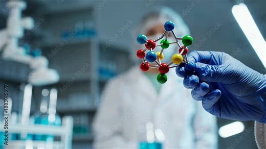 Researcher handling digital molecular model, analyzing complex scientific data in clean laboratory environment, representing advanced medical research and innovative investigative processes